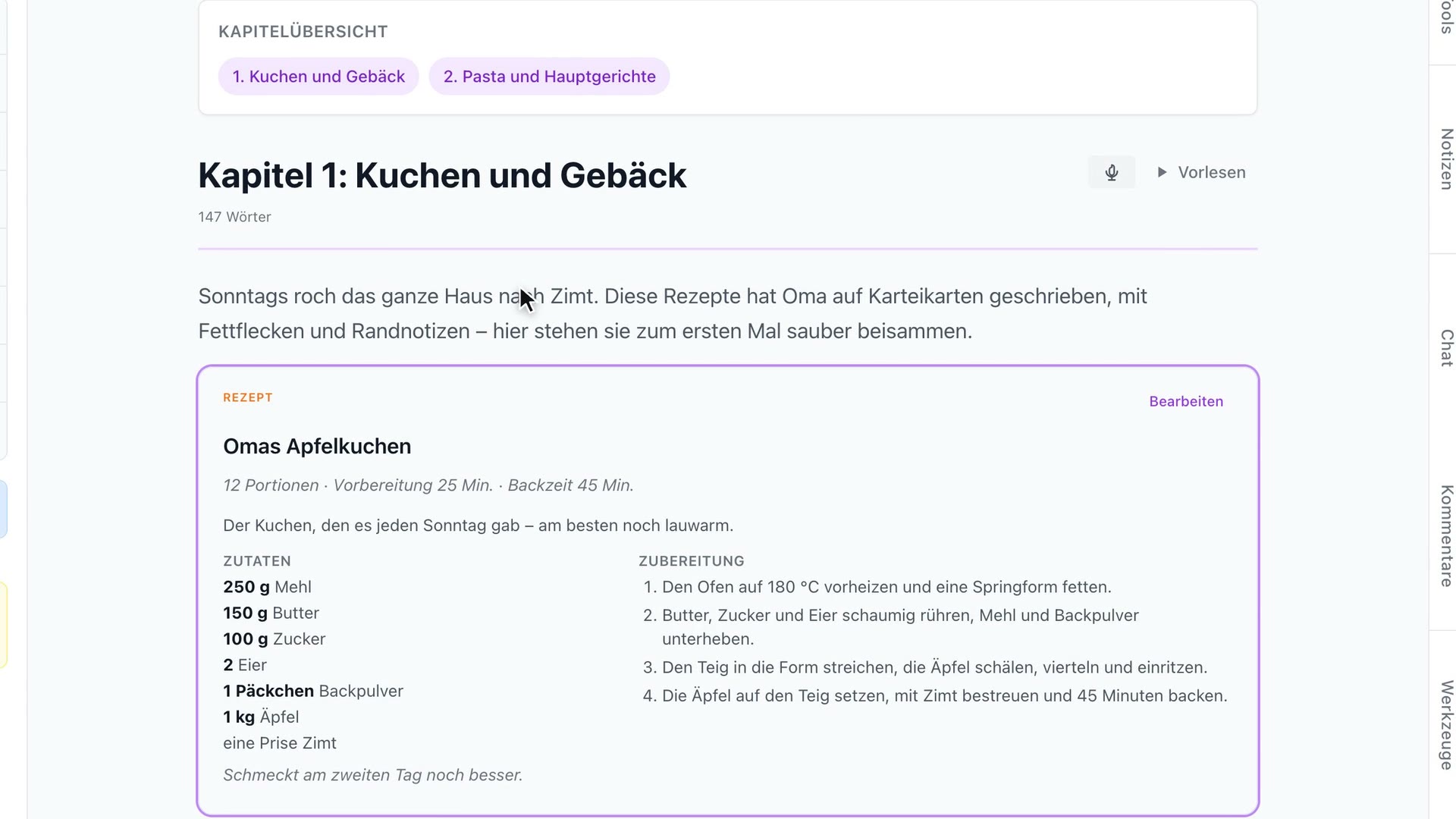 Omas Apfelkuchen als fertiger Rezept-Block: Portionen und Zeiten, Zutaten mit fetten Mengen links, nummerierte Zubereitung rechts